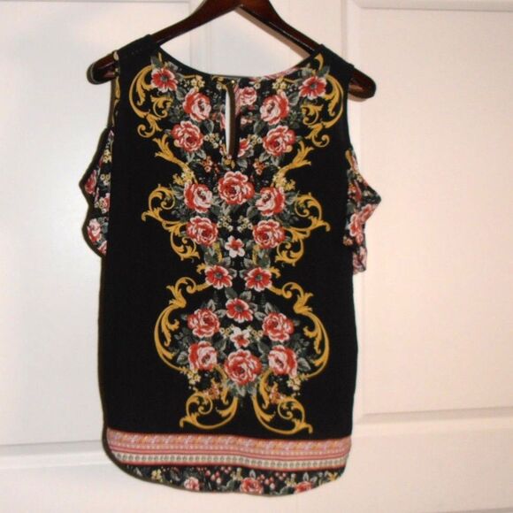 Meraki Cold Shoulder Blouse XL Black Floral Boho Scroll Print Top Keyhole Back - Picture 3 of 4